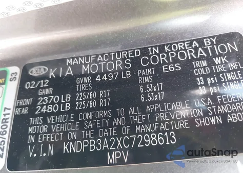 2012 Kia Sportage Lx из США, поврежденный, VIN KNDPB3A2XC7298613